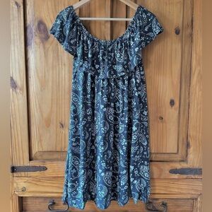 Blue Boho Paisley Off The Shoulder Flounce Neck Summer Sun Dress